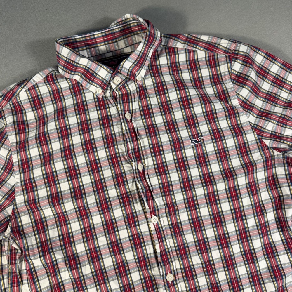 Vineyard Vines Slim Fit Whale Shirt Mens Medium Red Blue Plaid Cotton Button Up